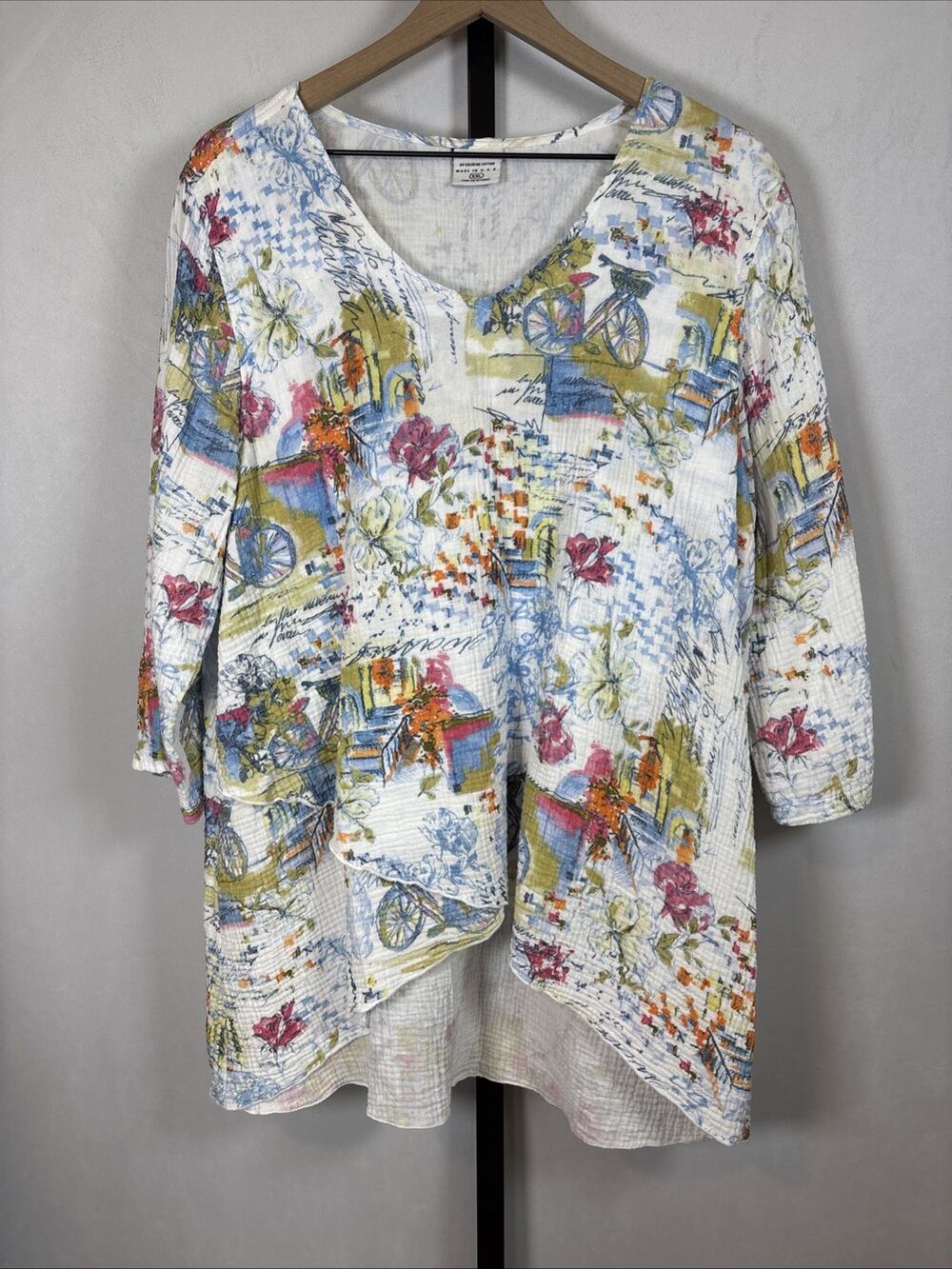 Color Me Cotton Gauze Tunic Top Women's XXL Colorful Bicycles Layered Coastal
